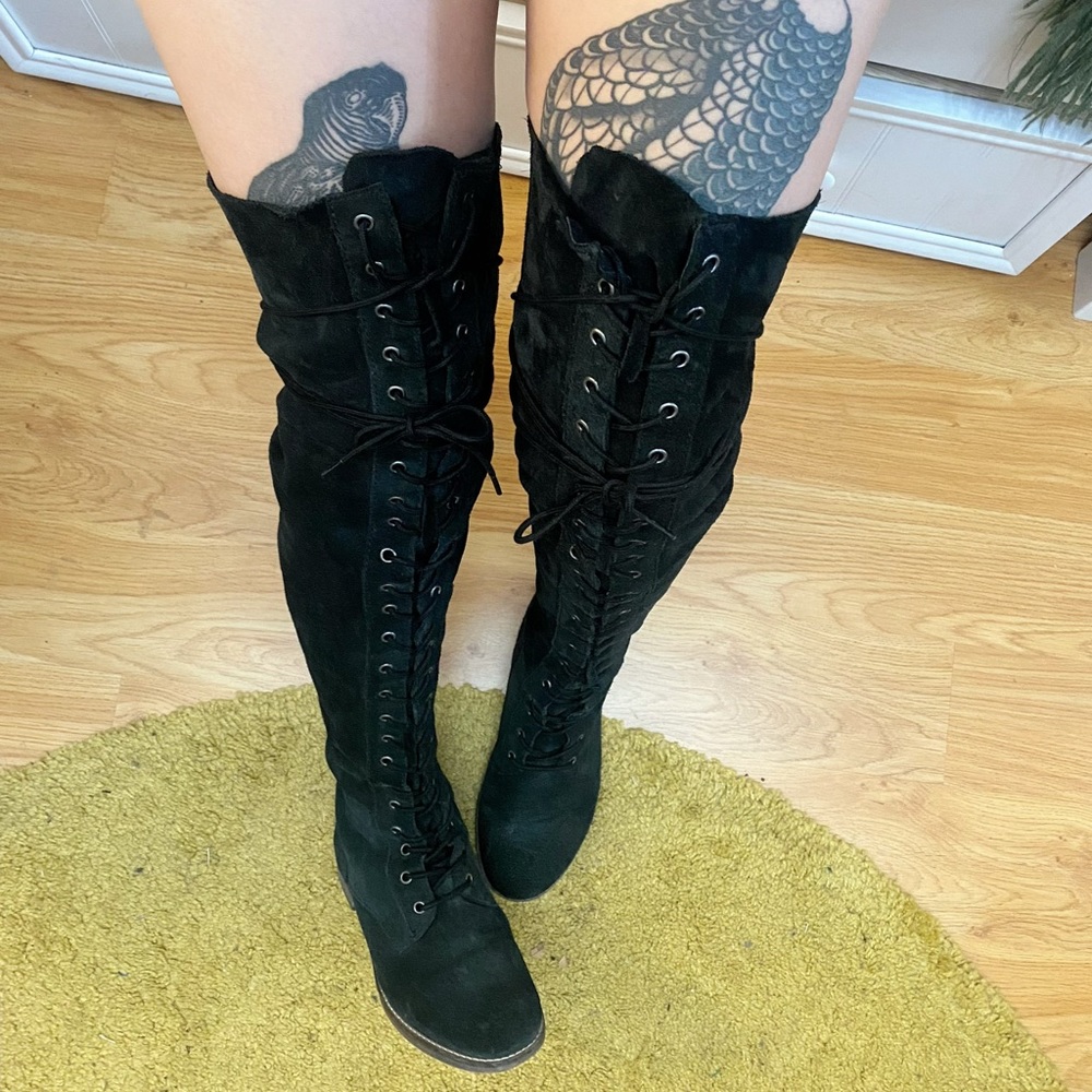Thigh high black over the knee lace up free people leather boots